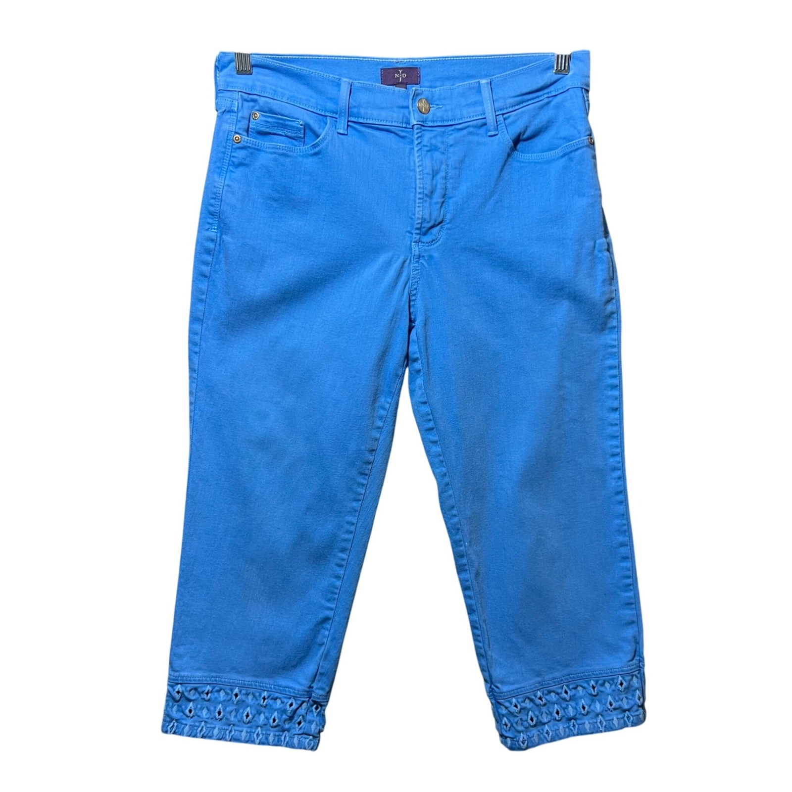 Nydj Womens Size 8 Blue Crop Capri Pants Embellished Hem Cotton Blend